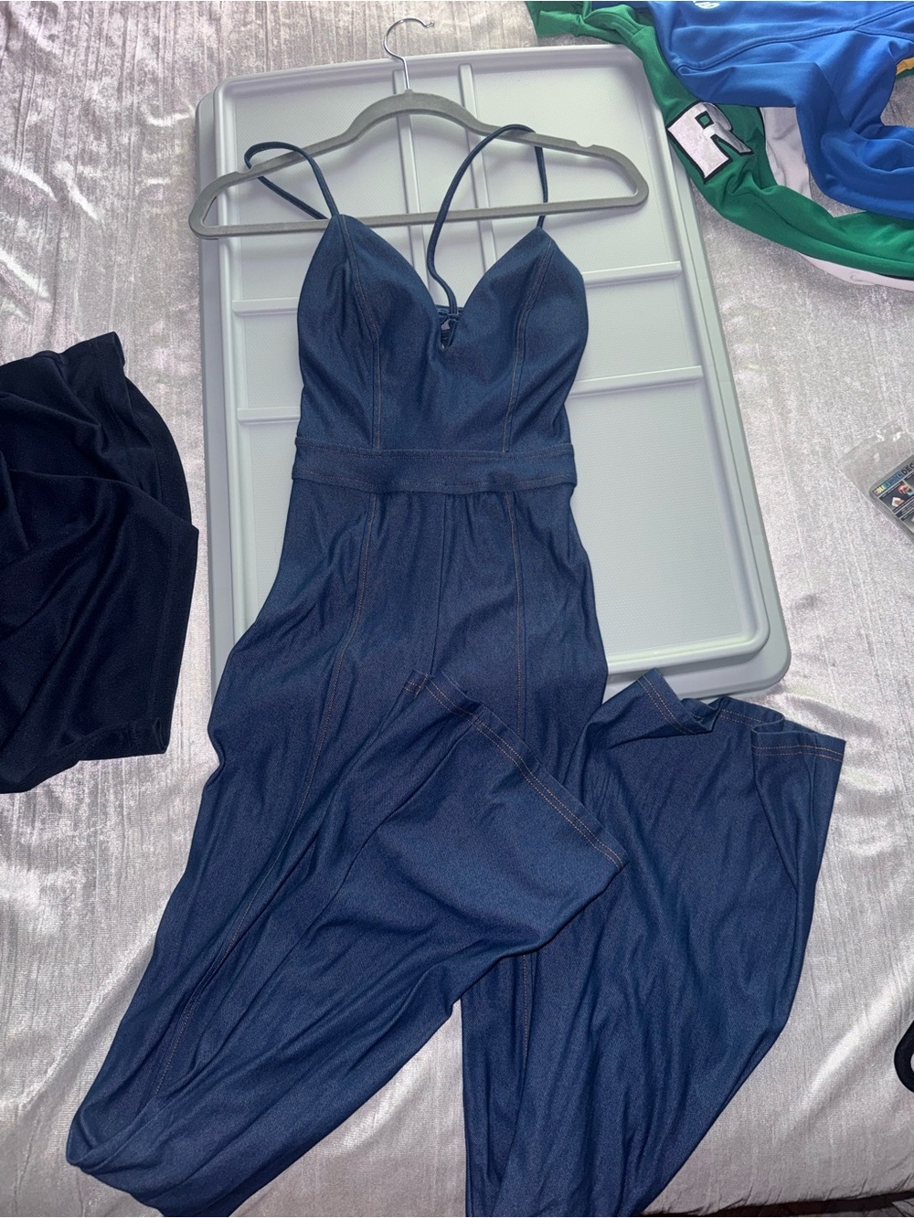 Denim-Look Navy Jumpsuit with Spaghetti Straps